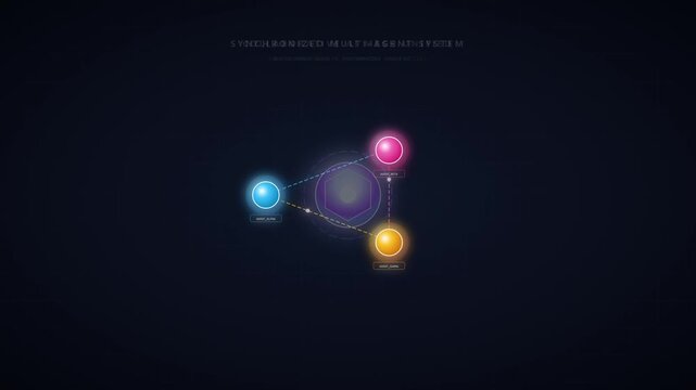 Synchronized Multi-Agent System Concept with Glowing Spheres and Data Connections in Digital Space