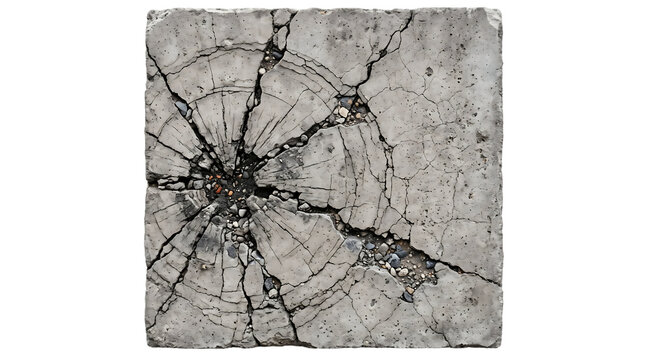 Closeup detailed view of a cracked concrete block showing granular texture and embedded pebbles with a central fractured pattern isolated on transparent background transparent background