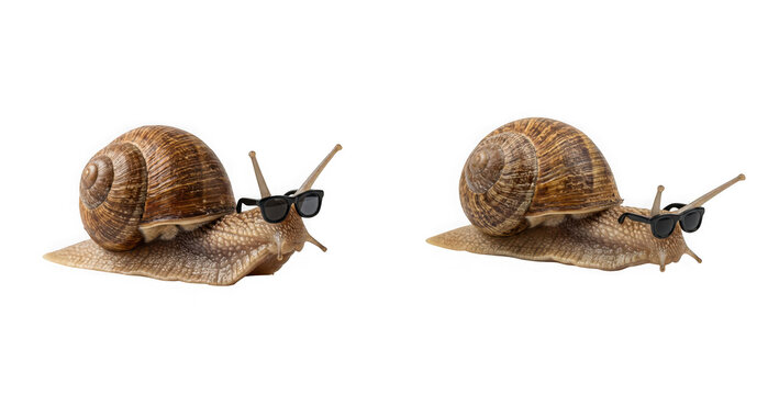 A garden snail wearing tiny black sunglasses isolated on transparent background