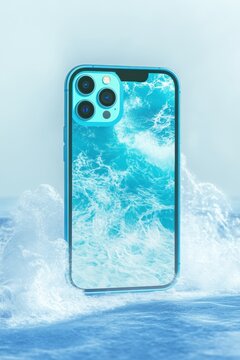 Blue i phone 12 pro max mockup with ocean waves on screen