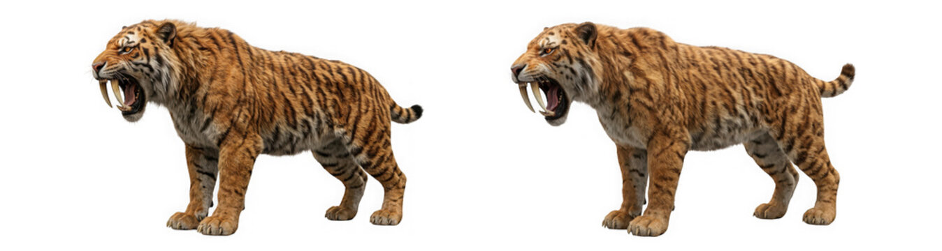 Side view of a sabertoothed tiger roaring isolated on transparent background