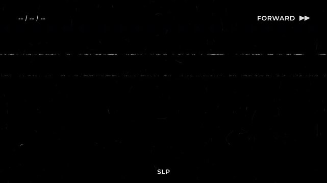 Retro VHS glitch background with film grain and tracking defects featuring forward and sleep indicators on a black screen for vintage analog video effects