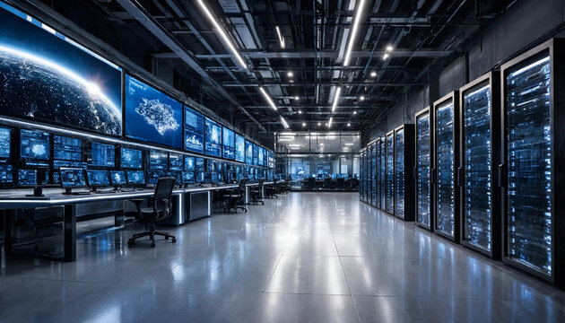 Futuristic operations command center with large data screens and server racks monitors technology computing internet infrastructure hardware electronic information mainframe security