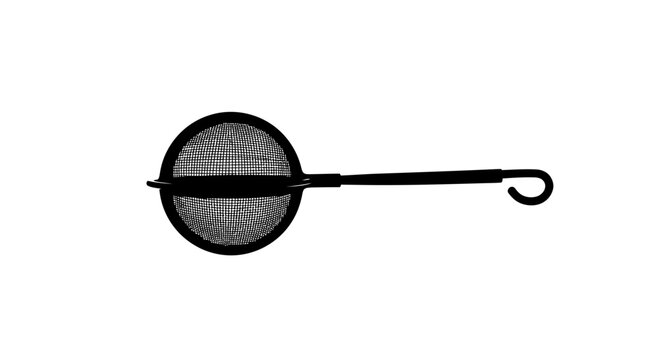 Black metal mesh strainer with long handle with handle white background preparation equipment colander kitchen cooking utensil sieve tool with food