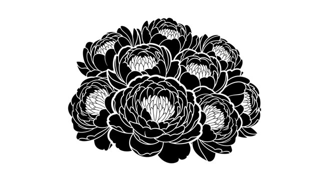 Black and white peony flower bouquet illustration with bouquet peonies monochrome botanical flowers graphic floral design petals leaves with bloom
