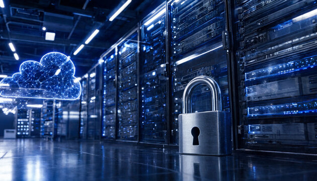 Data security concept with metal padlock and glowing cloud security protection technology encryption internet computing hardware database infrastructure information processing