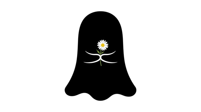 Halloween Meme ghost cutout holding flower, spooky spirit with daisy, cute black silhouette, 2 ghost emojis for social media, isolated vector icon design, funny Halloween symbol vector