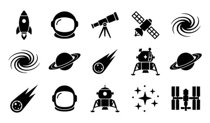 Fototapeta premium Set of black and white space exploration icons featuring rockets planets astronauts and celestial bodies for design