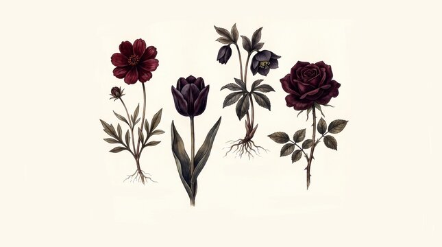 Moody Vintage Botanical Illustration of Dark Gothic Flowers Black Tulip Hellebore Rose and Cosmos