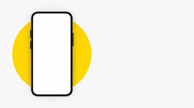 Minimalist concept illustration featuring a modern smartphone with a blank white screen placed over a vibrant yellow circular background, isolated against a clean light grey backdrop for copy space.