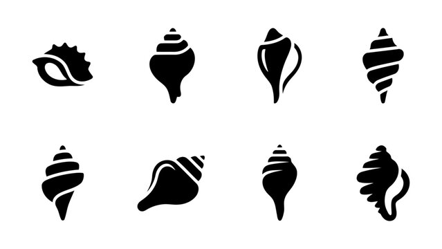 Black seashell silhouette icon set isolated on white background minimal vector collection
