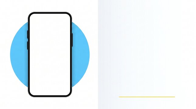 Minimalist concept graphic featuring a vertical smartphone outline with a blank white screen centered over a bright blue circle on a clean white background, ideal for app UI/UX display and tech