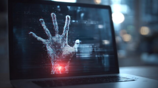 Digital hand emerging from computer screen abstract cyber concept
