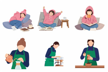 Fototapeta premium Set of flat vector illustrations featuring a girl relaxing with books and tea on floor pillows and a professional barista brewing manual pour-over coffee