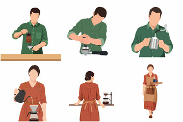 Fototapeta premium Set of professional baristas making coffee, flat illustration of male and female baristas brewing espresso, tamping, and making pour over coffee in a cafe.