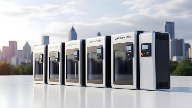 Modern Industrial Energy Storage System Units Arranged In A Row Against A Metropolitan City Skyline Backdrop