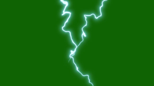 Realistic and extraordinary thunderbolts isolated on green screen background, lightning strikes from sky to the camera in slow motion, beautiful electrical storm looped 2D animation in 4K and UHD