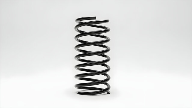 Durable black steel coil spring isolated on a clean white background for industrial machinery and automotive suspension system engineering components