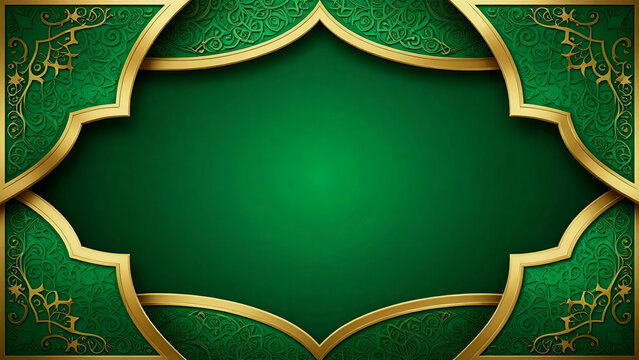Luxury Islamic background with curved gold arch frame and green arabesque pattern