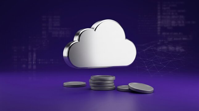 Silver 3D cloud icon over coins isolated on solid background, cloud computing cost and digital investment concept