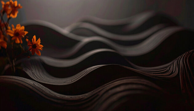 Black flowing textured bands orange flower petals