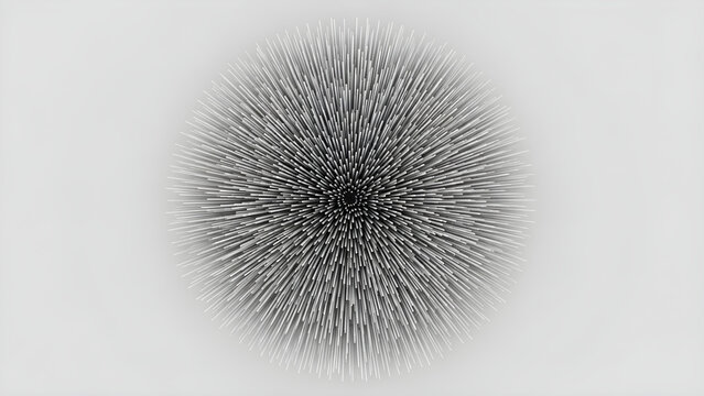 Abstract 3D digital sphere composed of intricate fine metallic needle textures creating a sharp radial spiky geometric art form on light background