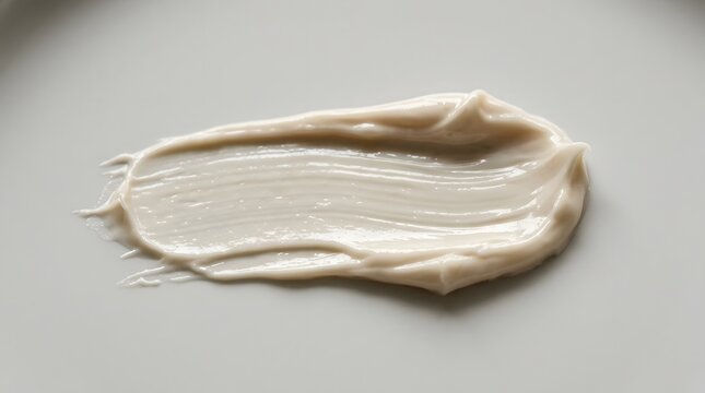 A smooth smear of beige cosmetic cream or foundation texture isolated on a light grey background surface