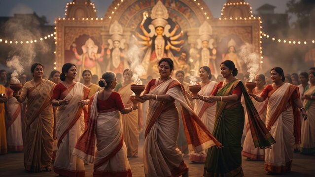 Large Group of Bengali Women Performing Dhunuchi Naach During Durga Puja Festival &ndash; Spectacular Traditional Dance, Sacred Incense and Cultural Celebration