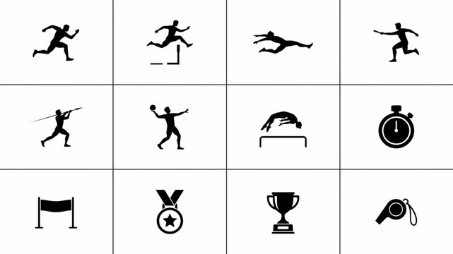 Minimalist black silhouette icons with disciplines equipment accomplishments representing various athletic displays clean four high contrast black