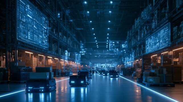 Advanced Warehouse System with Autonomous Robots Efficiently Transporting Goods in a High-Tech Environment