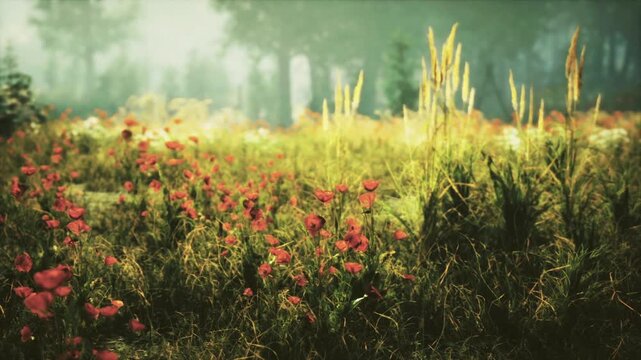 Serene morning illumination filled with dew and peaceful wildflowers. Soft sunlight at dawn illuminates dewy meadow filled with vibrant poppies and tall grasses