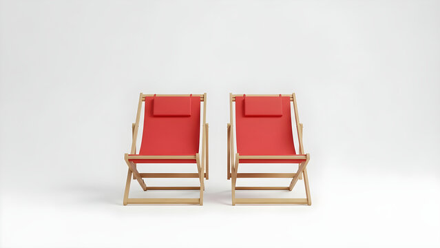 Minimalist pair of red wooden deck chairs isolated on a clean white background for summer vacation and outdoor relaxation concepts