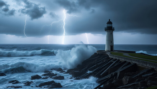 Dramatic Lightning Storm Over Coastal Lighthouse with Rough Seas