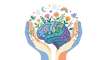 Obraz premium Hands Cupping a Floral Brain Symbolizing Mental Wellness