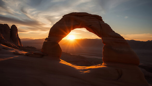 Delicate Arch Silhouetted Against Golden Sunset in Arches National Park, Utah