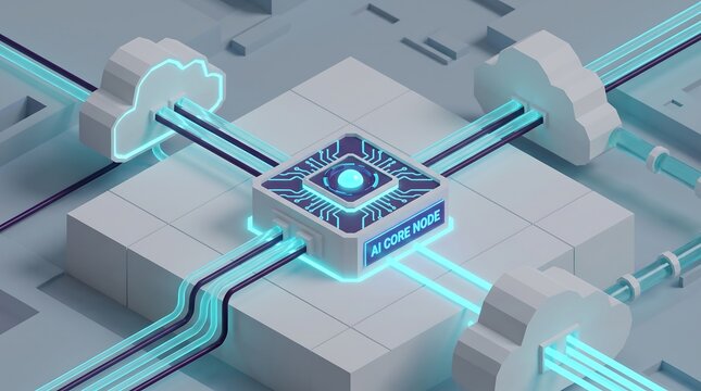 3D isometric asset of an AI core processor node connected to cloud data pipelines with glowing neon cyan and dark purple lighting