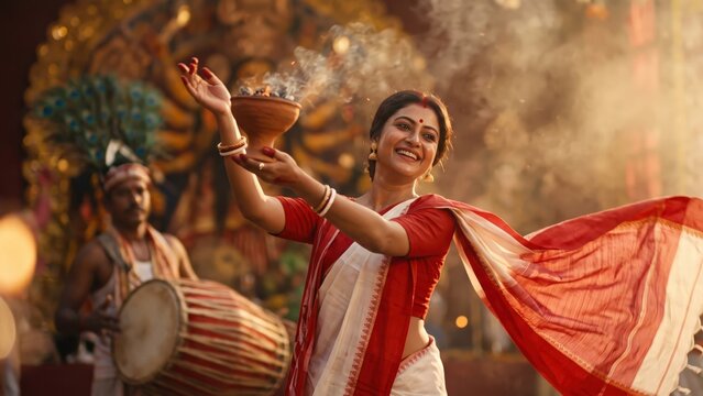 Bengali Woman Dancing to Traditional Dhaak Drum During Durga Puja Festival &ndash; Joyful Cultural Celebration with Dynamic Motion and Festive Spirit