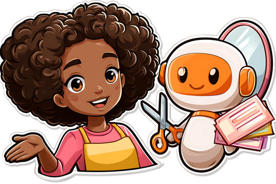 Colorful cartoon illustration of a young girl working creatively with a friendly AI robot holding scissors and paper samples, representing crafts, education, creativity, technology, and human robot co