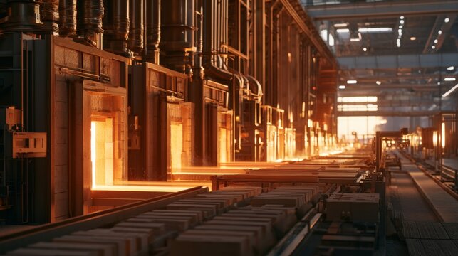 Manufacturing Process of Refractory Bricks in a Glowing Industrial Line with Furnaces and Conveyors