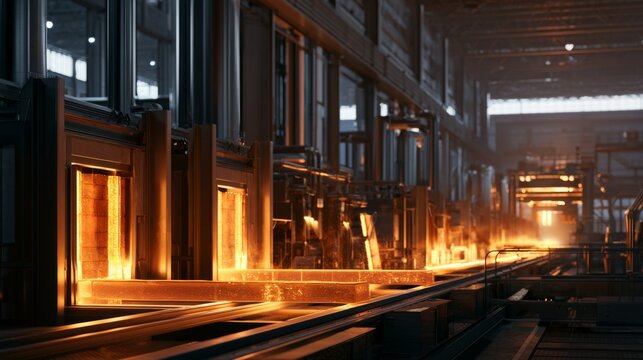 Industrial Refractory Brick Manufacturing Process with Glowing Elements and Production Line