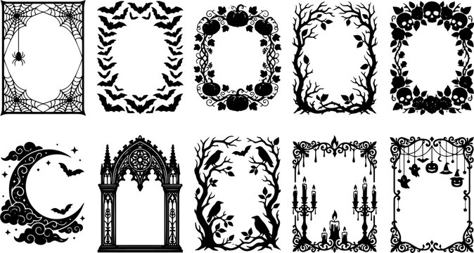 Set of ten decorative gothic style frames with spooky halloween elements for invitations and greeting cards