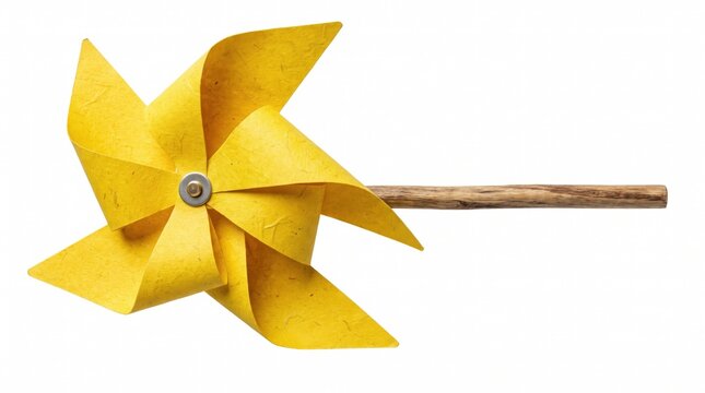 Yellow Paper Pinwheel Windmill Toy on Wooden Stick Isolated on White Background