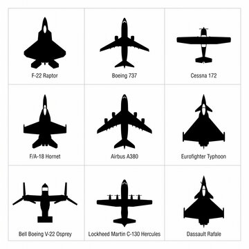 Aircraft silhouette icons set featuring f-22 raptor boeing 737 cessna 172 f/a-18 hornet airbus a380 eurofighter typhoon bell boein