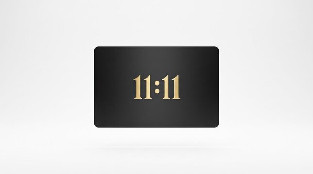 Golden 11:11 Angel Numbers Displayed on Black Matte Card over Minimalist White Surface Background