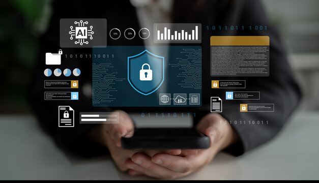 A businessperson interacts with a smartphone displaying a digital security interface, emphasizing innovation, data protection, and the evolving technology landscape in a professional setting. Gantry