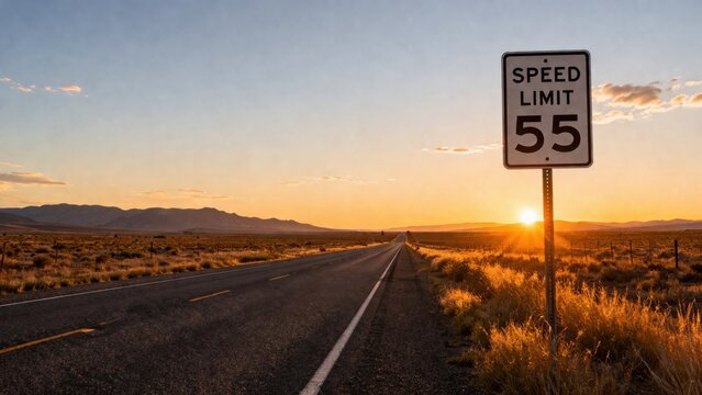 Speed limit sign indicating 55 miles per hour along an empty highway at sunset, with mountains and open fields visible in the background