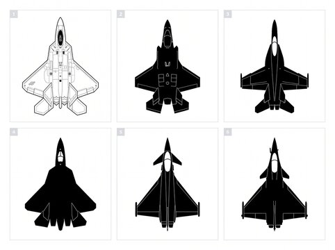 Fighter jet silhouettes in grid layout with black and white top view designs