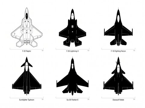 Fighter jet silhouettes of f-22 raptor f-35 lightning ii f-16 fighting falcon eurofighter typhoon su-35 flanker e and dassault raf