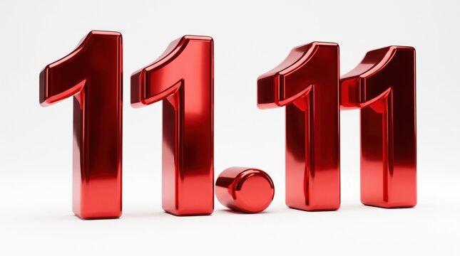Red Glossy Metallic 11.11 Shopping Day Text 3D Rendering Isolated on White Background
