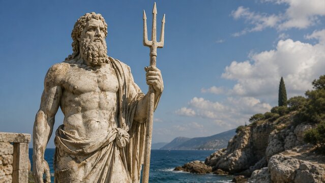 Weathered marble statue of Poseidon overlooking the rocky coast of Ancient Greece